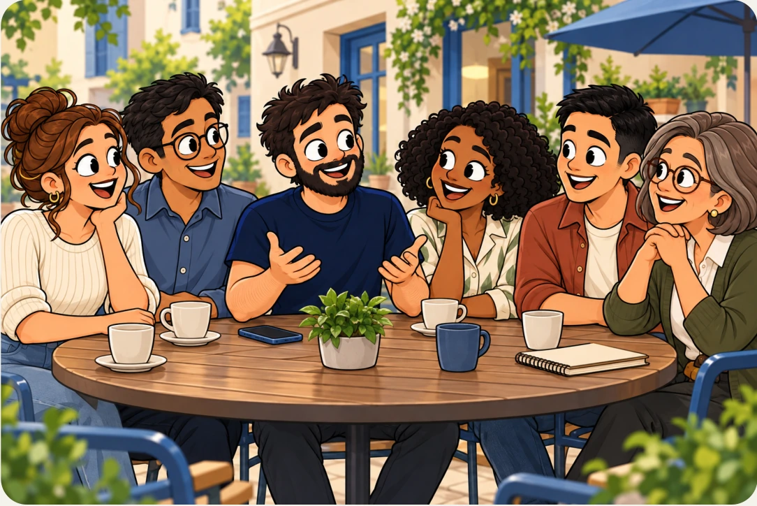 Ilustração oficial de Rafa com amigos e empreendedores em uma cafeteria