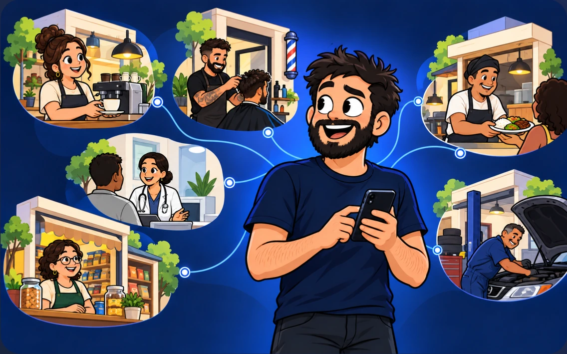 Rafa conectado a pessoas e negócios: cafeteria, barbearia, clínica, loja e oficina, na linguagem visual oficial Multiperson