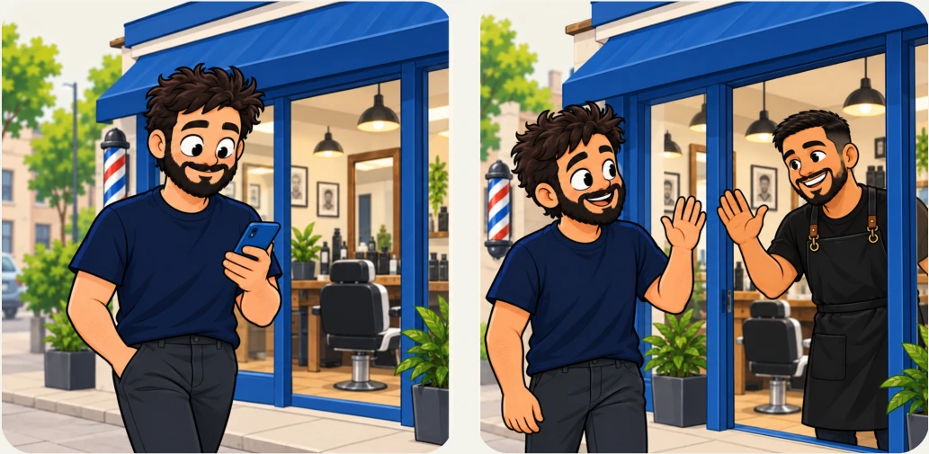 Duas cenas ilustradas mostram Rafa visitando e retornando à barbearia